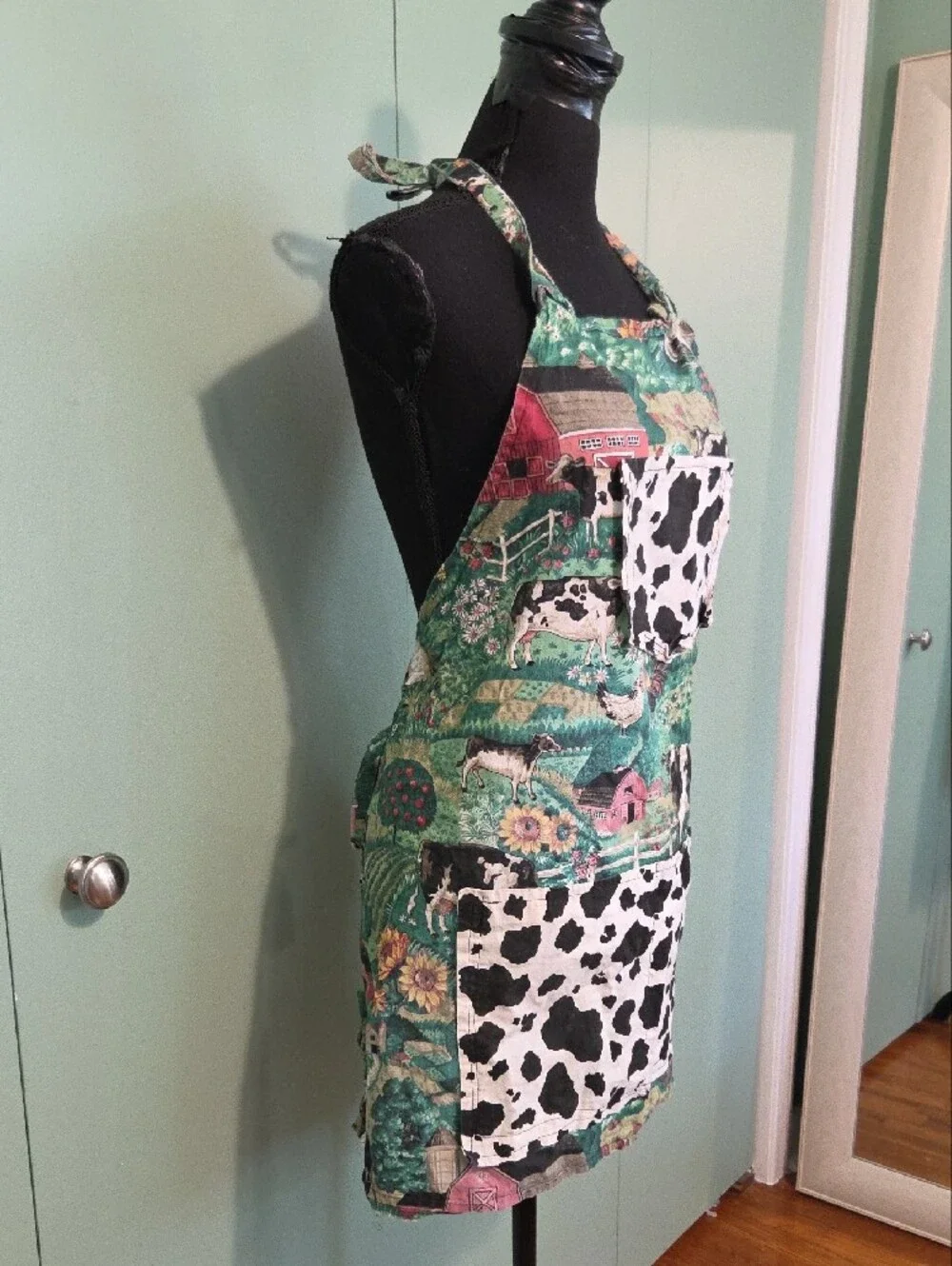 Handmade Farmhouse Cow Print Apron Green, Black & White